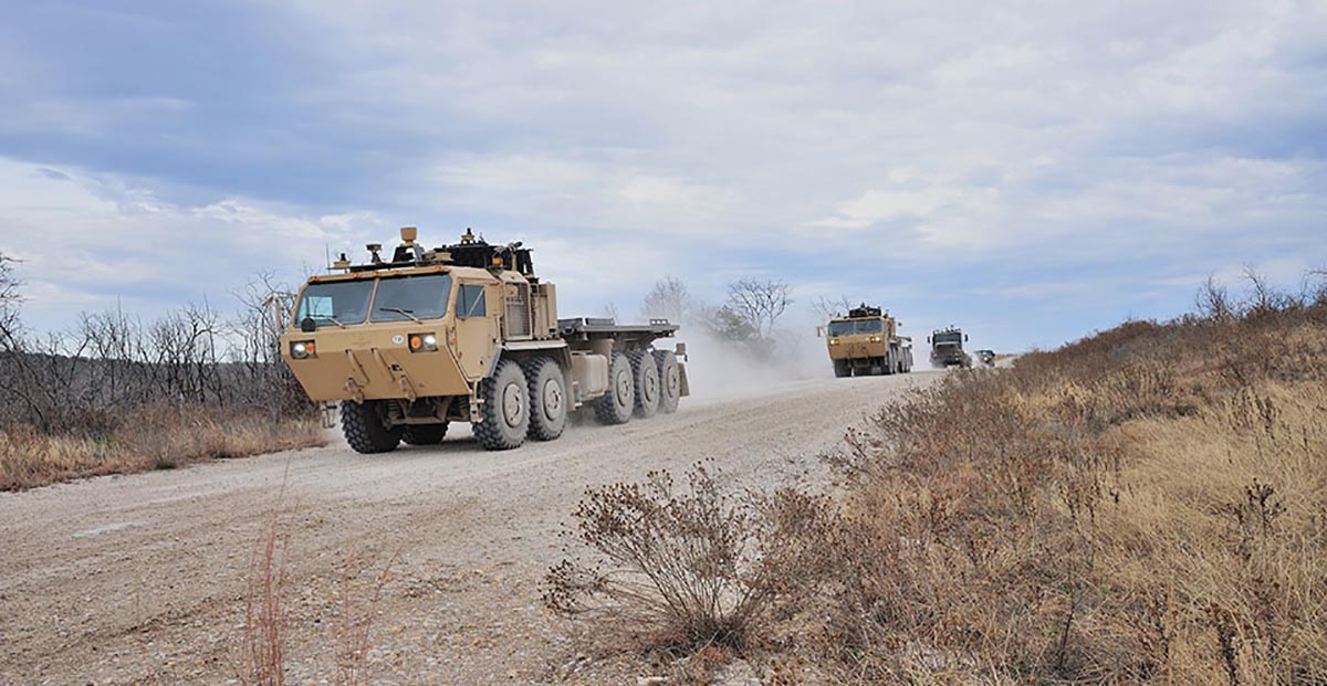 A convoy of autonomous military vehicles using Lockheed’s AMAS system take part in a demonstration. Photo: Lockheed Martin A convoy of autonomous military vehicles using Lockheed’s AMAS system take part in a demonstration. Photo: Lockheed Martin