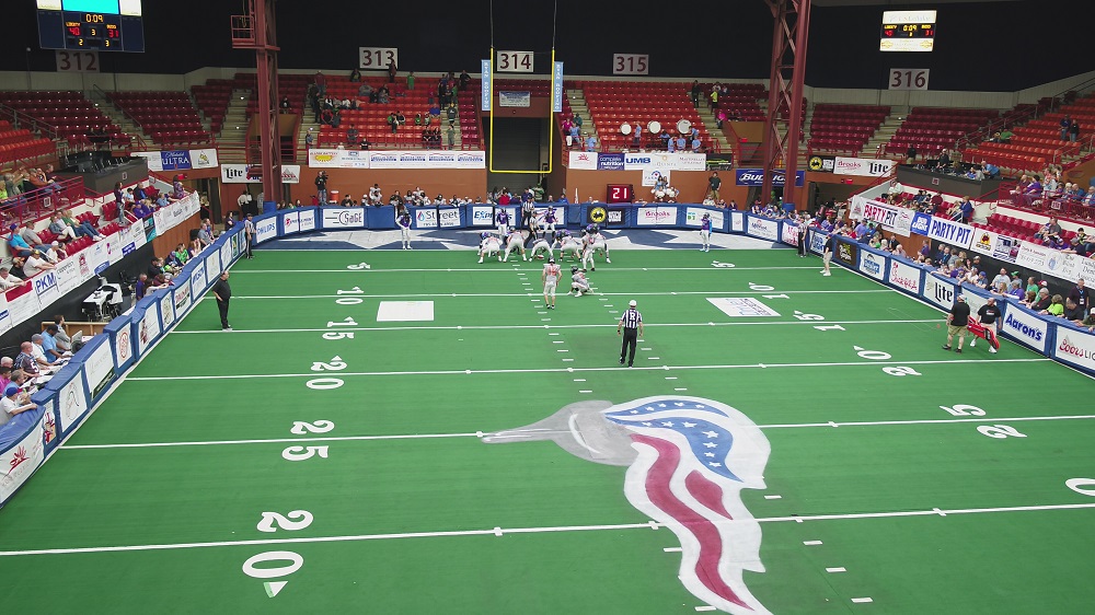 Kansas State Polytechnic's Applied Aviation Research Center uses a UAS to capture an aerial shot of a Salina Liberty indoor football game. Photo: Kansas State Polytechnic's Applied Aviation Research Center
