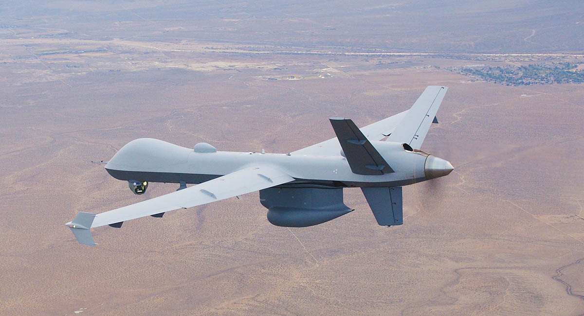 An RQ-1 Predator flies with a Raytheon Multi-Spectral Targeting System and SeaVue sensors. Photo: General Atomics Aeronautical Systems. An RQ-1 Predator flies with a Raytheon Multi-Spectral Targeting System and SeaVue sensors. Photo: General Atomics Aeronautical Systems.