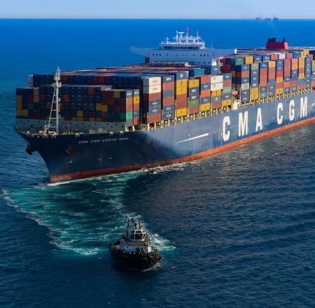 A fully-loaded cargo ship is guided into the harbor at the Port of Long Beach. Photo: Port of Long Beach
