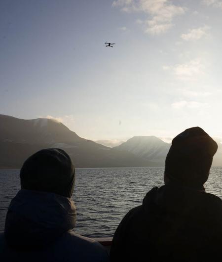 A drone flies over the Polargirl expedition ship. Photo: AUVSI