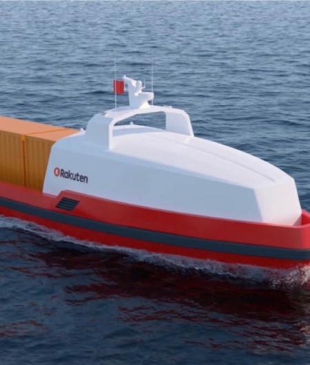 Maritime Robotics and the Rakuten Institute of Technology are studying concepts for unmanned cargo ships, such as the one shown here. Photo: Maritime Robotics and the Rakuten Institute of Technology