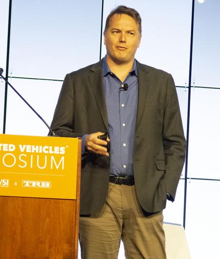 Aurora's Chris Urmson addresses the AVS conference. Photo: AUVSI