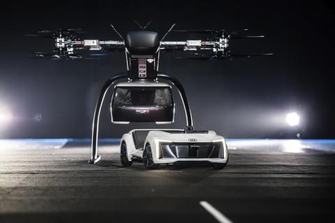 A flying and driving prototype of “Pop.Up Next” that combines a self-driving electric car with a passenger drone. Photo: Audi
