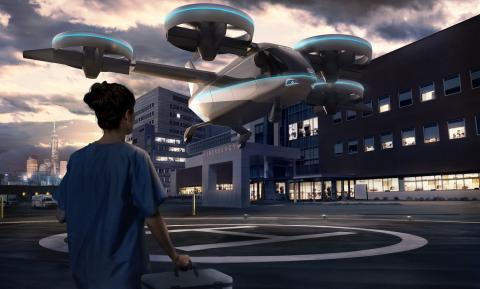 A mockup of the Bell Nexus during a medical scenario at a hospital. Photo: Bell