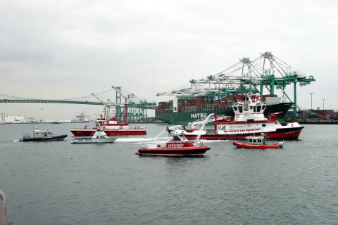 A flotilla of emergency response vessels performs a routine training mission in the Port of Los Angeles. Photo: Port of Los Angeles A flotilla of emergency response vessels performs a routine training mission in the Port of Los Angeles. Photo: Port of Los Angeles