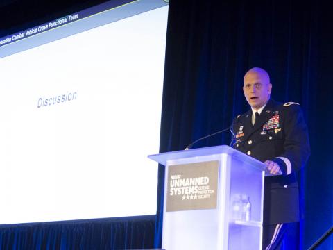 Brig. Gen. Ross Coffman, Director of the Next Generation Combat Vehicle (NGCV) – Cross Functional Team, (CFT), U.S. Army Futures Command, delivers his keynote address during USDPS. Photo: AUVSI