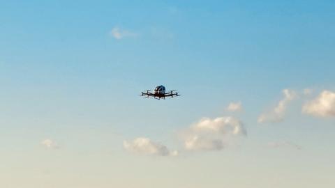 EHang conducted its first-ever U.S. trial flight of its two-seater passenger-grade AAV, the EHang 216, on Jan. 7 during the North Carolina Transportation Summit. Photo: EHang