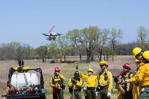 A University of Nebraska prototype drone drops fire-starting balls. Photo: University of Nebraska