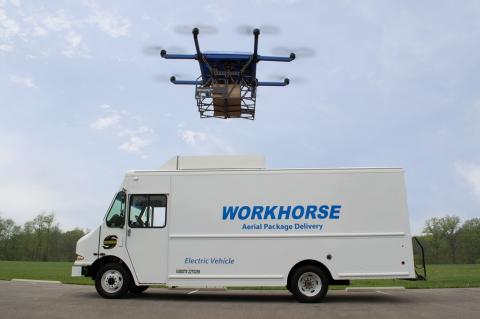 The United States Patent and Trademark Office (USPTO) has issued a patent for the HorseFly Truck Launched Drone Package Delivery System. Photo: Workhorse Group Inc.
