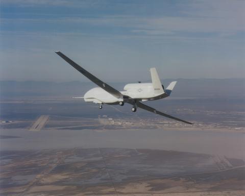 First flight of the Global Hawk aircraft on February 28, 1998. The aircraft took off from Edwards Air Force Base for a 56 minute flight that reached an altitude of 32,000 feet. Photo: Northrop Grumman