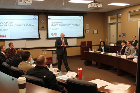 Patrick Mason addresses a PEO Aviation leadership class. Photo: Tonia Beavers