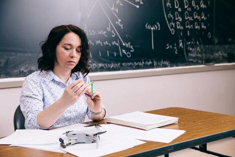 Mathematicians found a method to hear the shape of a room using four microphones mounted on a drone. Pictured: Mireille Boutin. (Purdue University photo/Brian Powell)