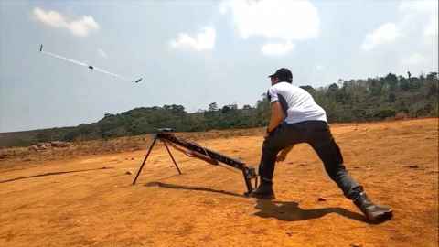 The Terra BRAMOR C4EYE UAS taking off for the demo. Photo: Terra Drone