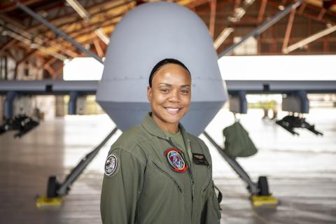 U.S. Marine Corps Capt. Shaneka Shaw, Unmanned Aerial Vehicle Squadron-1 Weapons and tactics instructor, poses for a photo Aug. 19, 2020, on Holloman Air Force Base, New Mexico. Photo: Air Education and Training Command