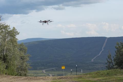 The Skyfront Perimeter UAV taking off from the Alyeska trans-Alaska pipeline right of way near Fox for the first true BVLOS domestic flight, approved by the FAAunder the small UAS rule. UAF photo by Sean Tevebaugh