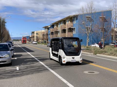 This electric, automated shuttle from SAIC Innovation Center is looping around UC Davis West Village now until June. Photo: UC Davis